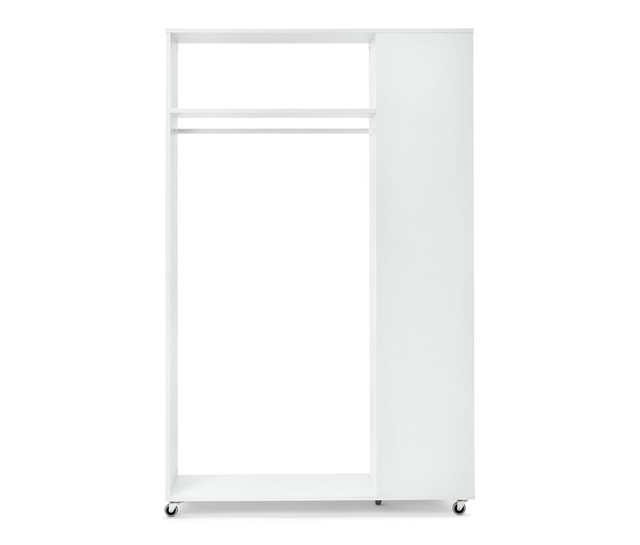 Wieszak na kółkach z szafą i lustrem.