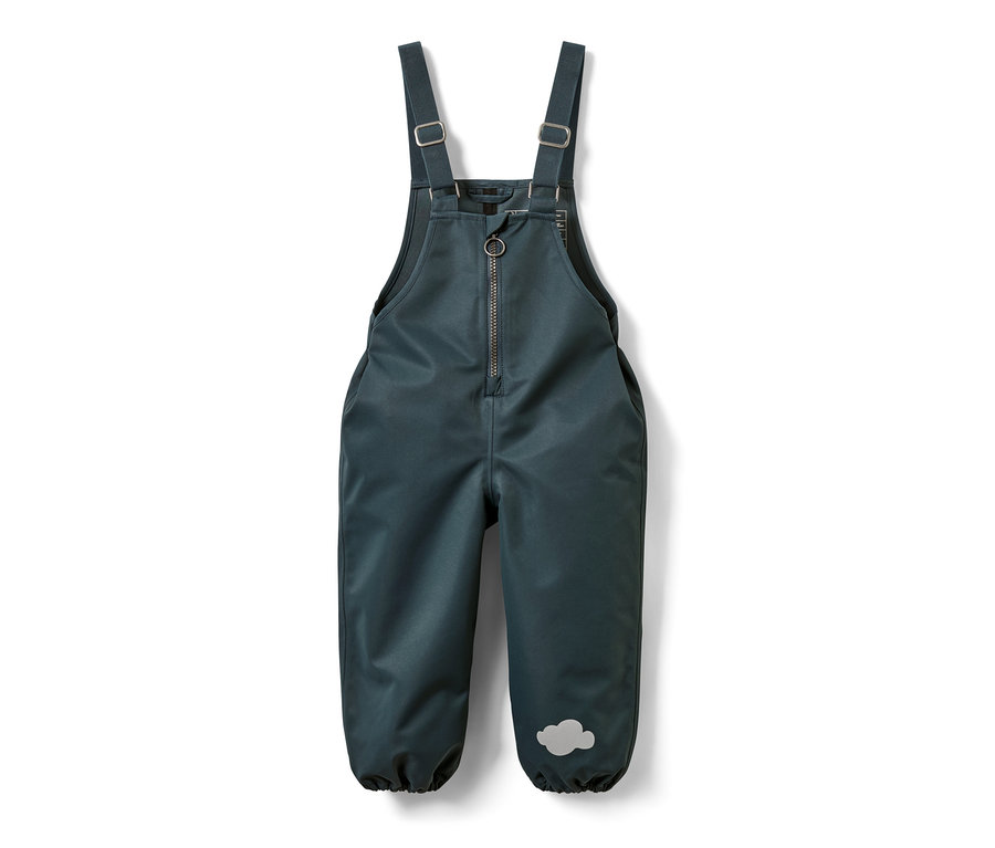 Spodnie przeciwdeszczowe dla maluchów z zamkiem błyskawicznym i szelkami.