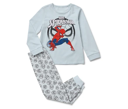 Jasna piżama z długim rękawem Spiderman i spodniami z maskami Spidermana.