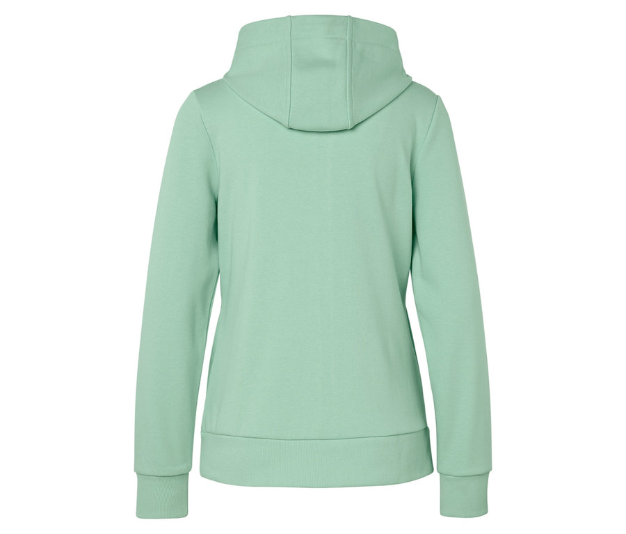 Tył jasnozielonej bluzy z kapturem.