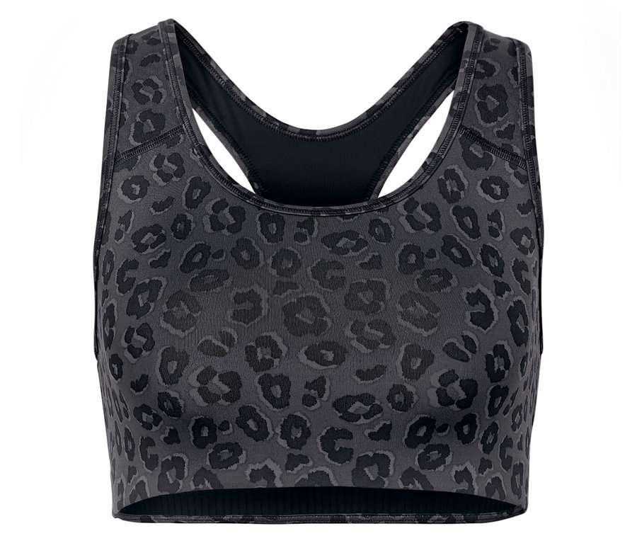 Zbliżenie na szary biustonosz sportowy we wzór zwierzęcy.