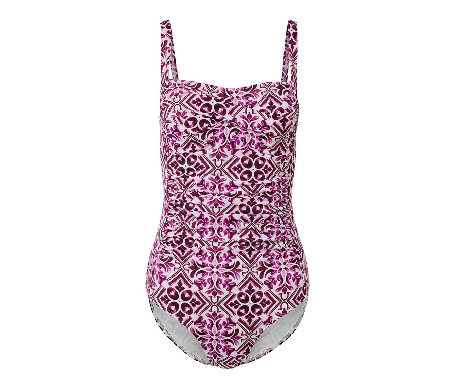 Modelujący kostium kąpielowy w kolorze jagodowo-białym, z wzorem.