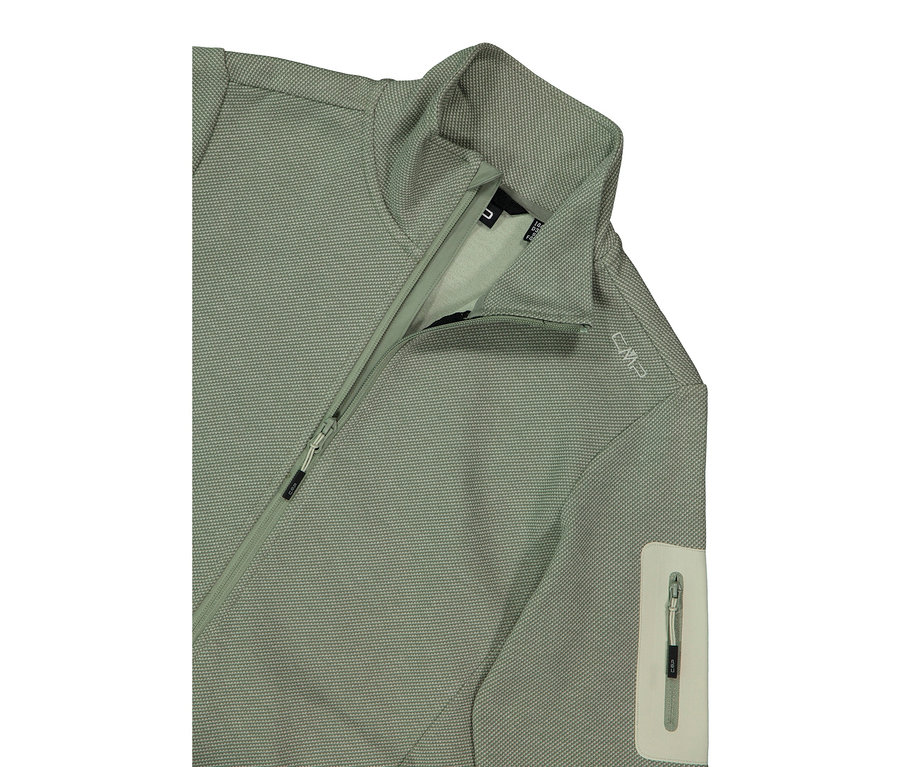 Zbliżenie jasnozielonej kurtki CMP z zamkiem błyskawicznym i kołnierzem.