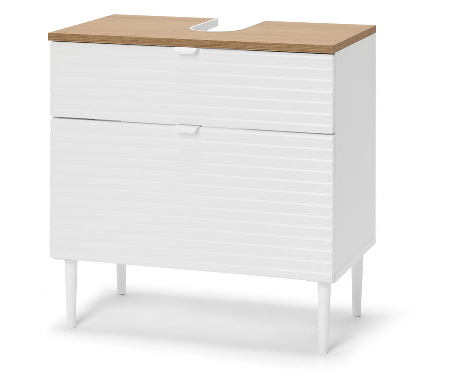 Biała szafka łazienkowa z dwiema szufladami i jasnym drewnianym blatem.