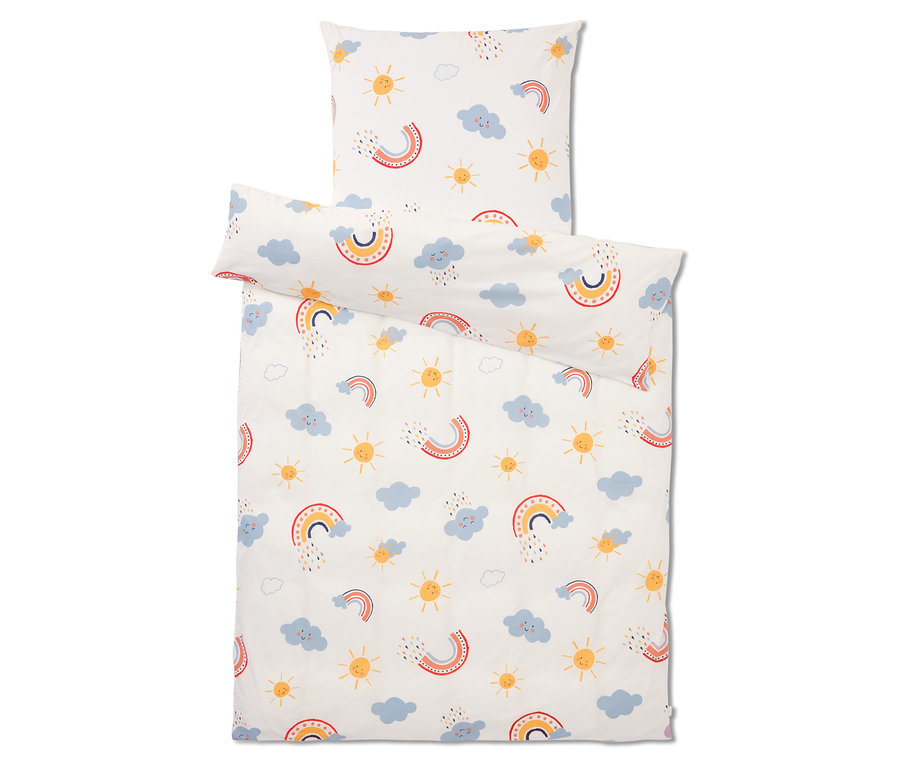 Pościel z wzorem tęczy, słońc i chmur.