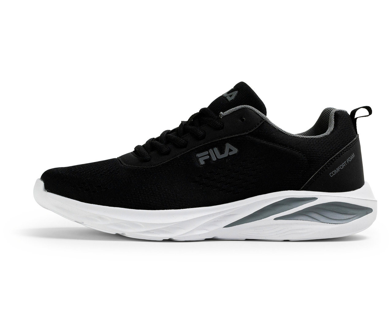 Czarne sneakersy męskie FILA Specctris z biało-szarą podeszwą i napisem "Comfort Foam" z boku.