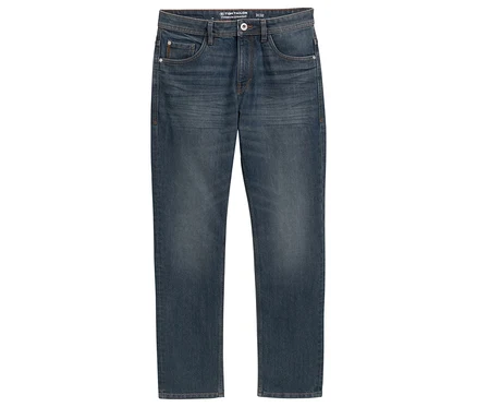 Dżinsy Tom Tailor TT MARVIN STRAIGHT ze stretchem, Mid Stone Blue Grey Denim, leżą na białym tle.