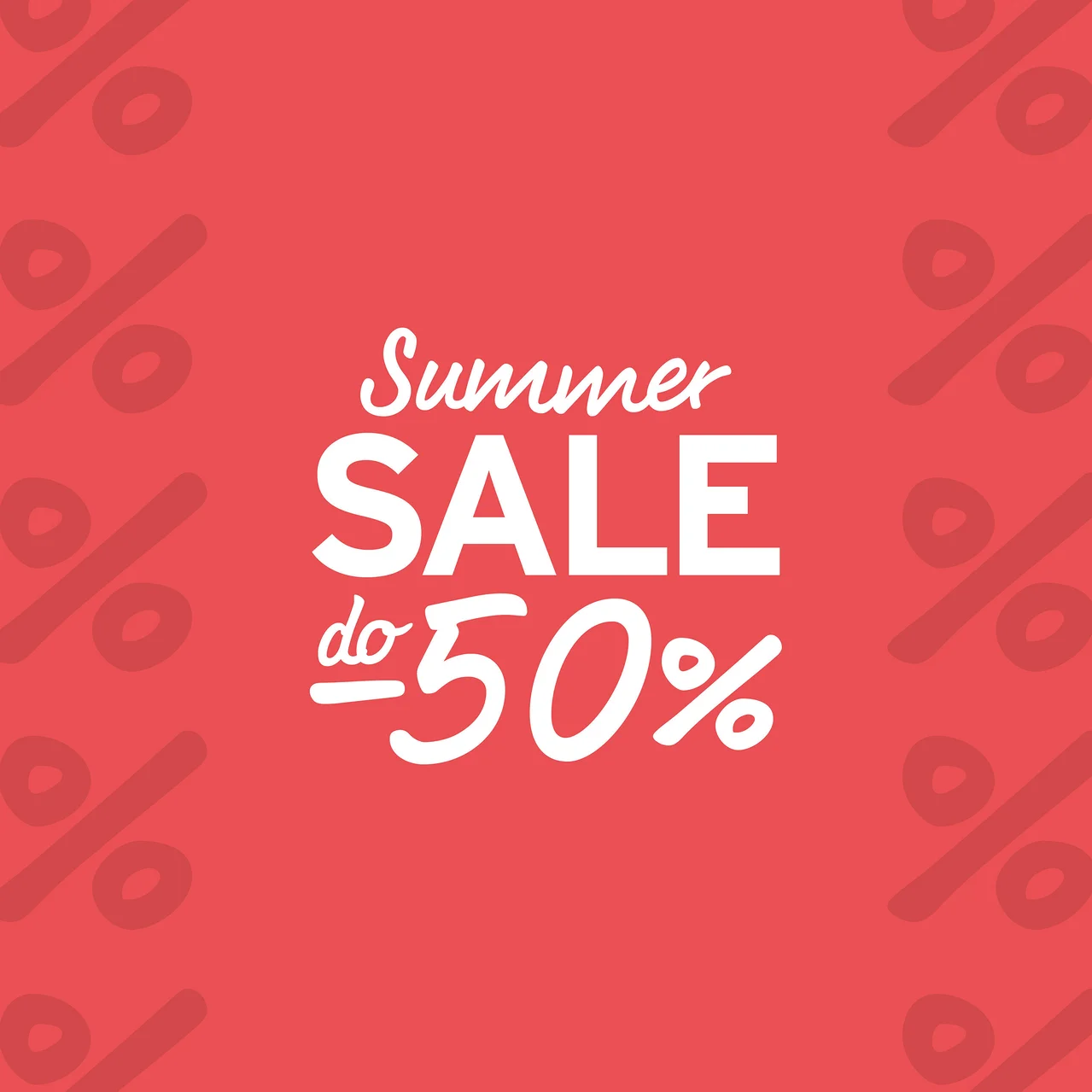 Czerwone tło z białym napisem „Summer SALE do 50%”. Po bokach widoczne są słabe symbole procentowe.