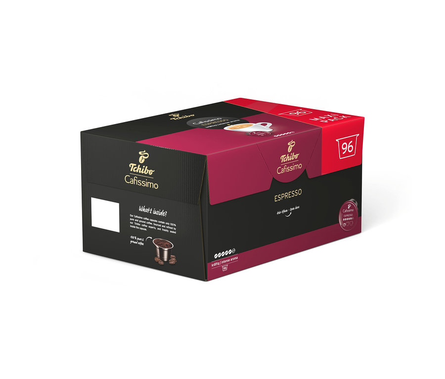 Czarno-bordowe opakowanie Tchibo Cafissimo Espresso Intense Aroma z 96 kapsułkami, z oznaczeniem mocy i filiżanką kawy.