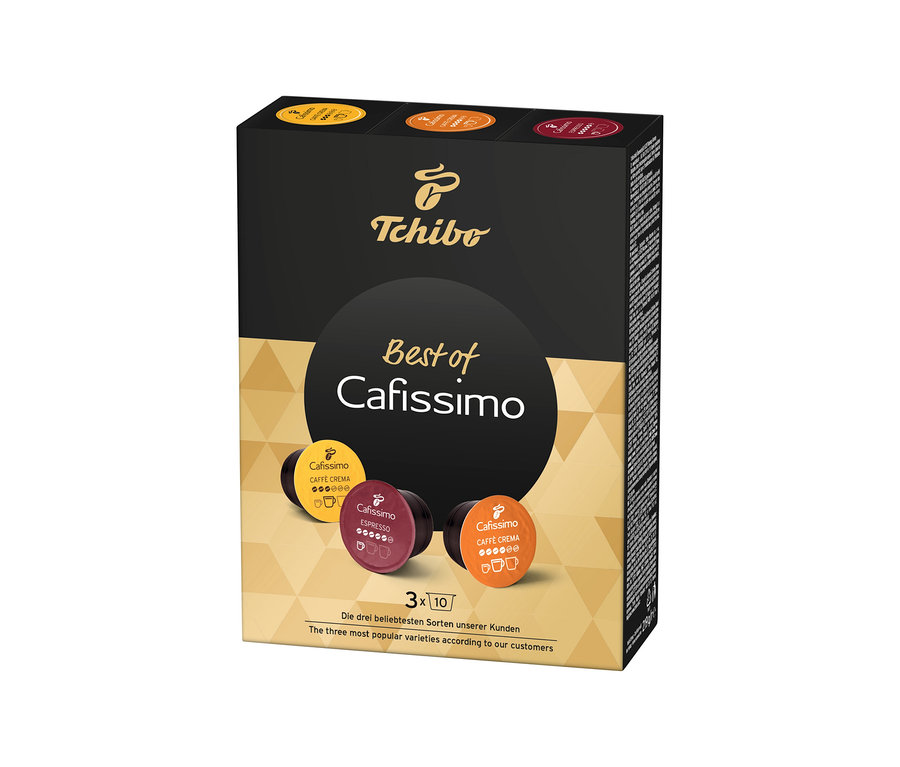 Widoczny pakiet Cafissimo Best of Cafissimo 30 kapsułek firmy Tchibo.