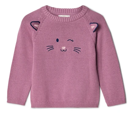 Różowy sweter z dzianiny z motywem kociej twarzy z przodu, z haftowanymi oczami, nosem, ustami, wąsami i dwoma małymi uszami na ramionach.