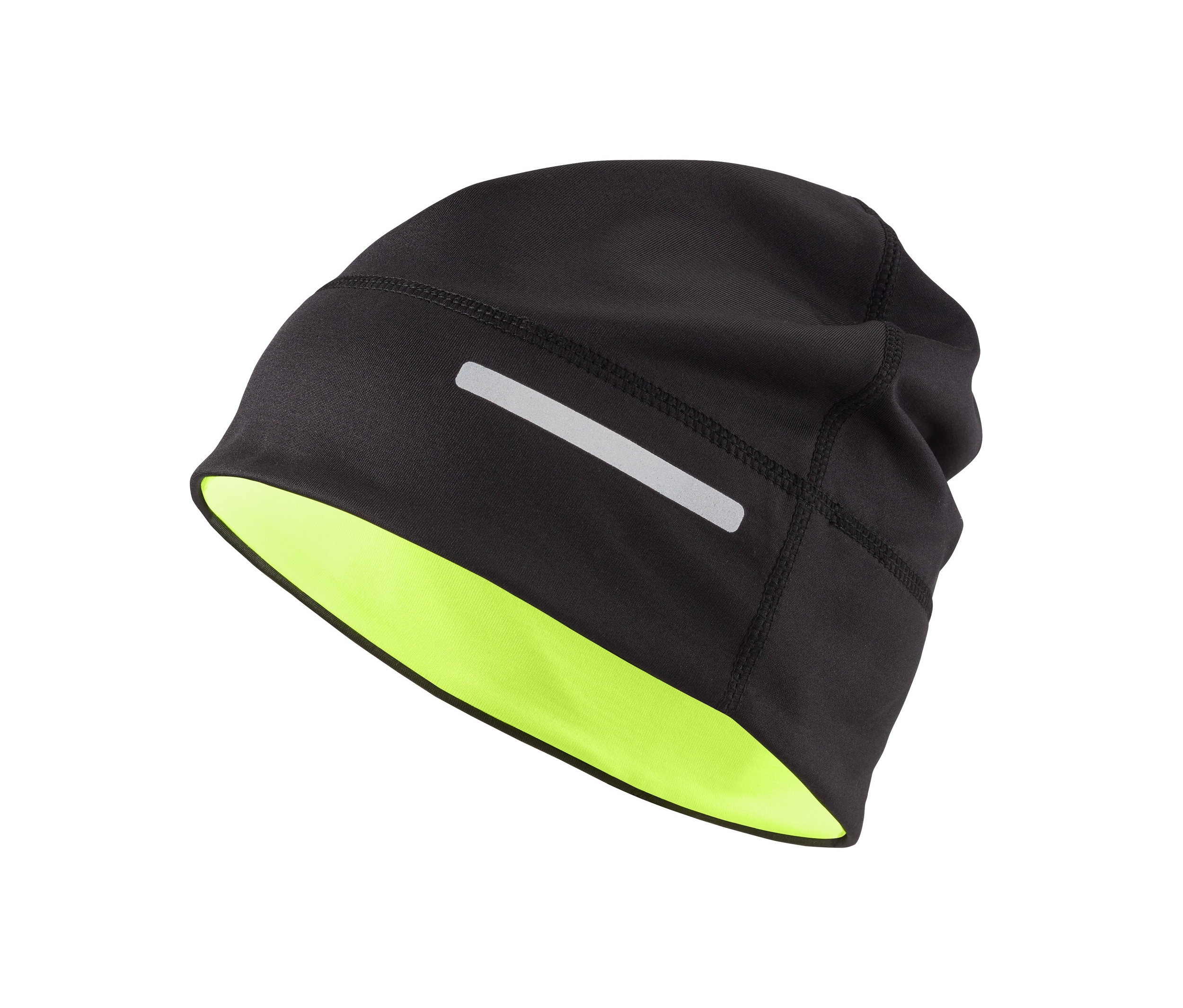 Czarna czapka termiczna z odblaskowym paskiem i żółtą podszewką.