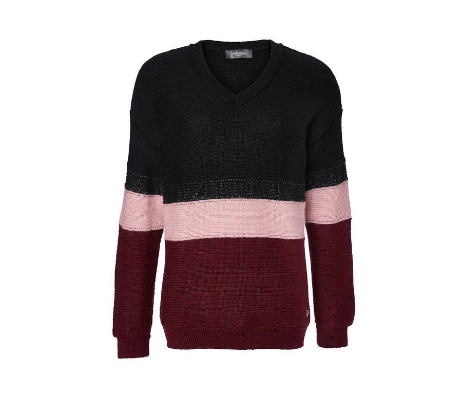 Damski sweter z wełną, ze wzorem w szerokie pasy.