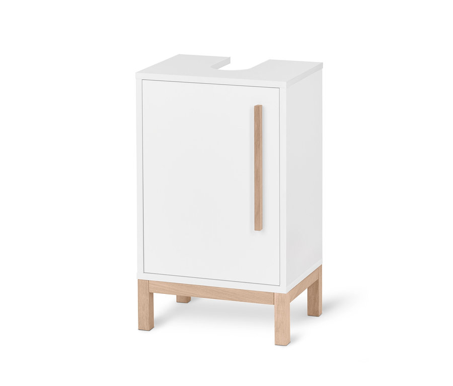 Biała mała szafka pod umywalkę »Eklund« z drewnianym uchwytem i nóżkami.