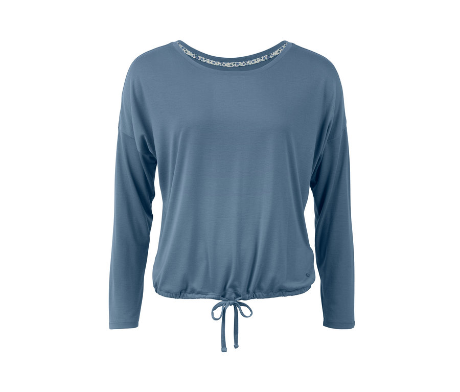 Niebieska koszulka sportowa 2 w 1 z długimi rękawami i sznurkiem w pasie.