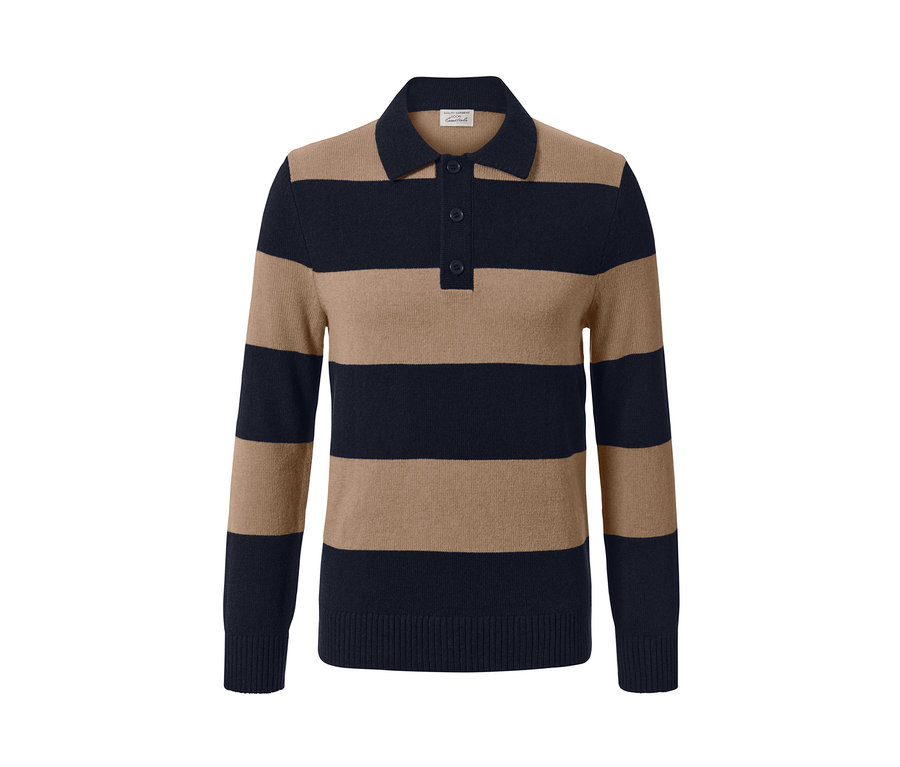 Pasiasty sweter z kaszmirem, kołnierzykiem i guzikami.