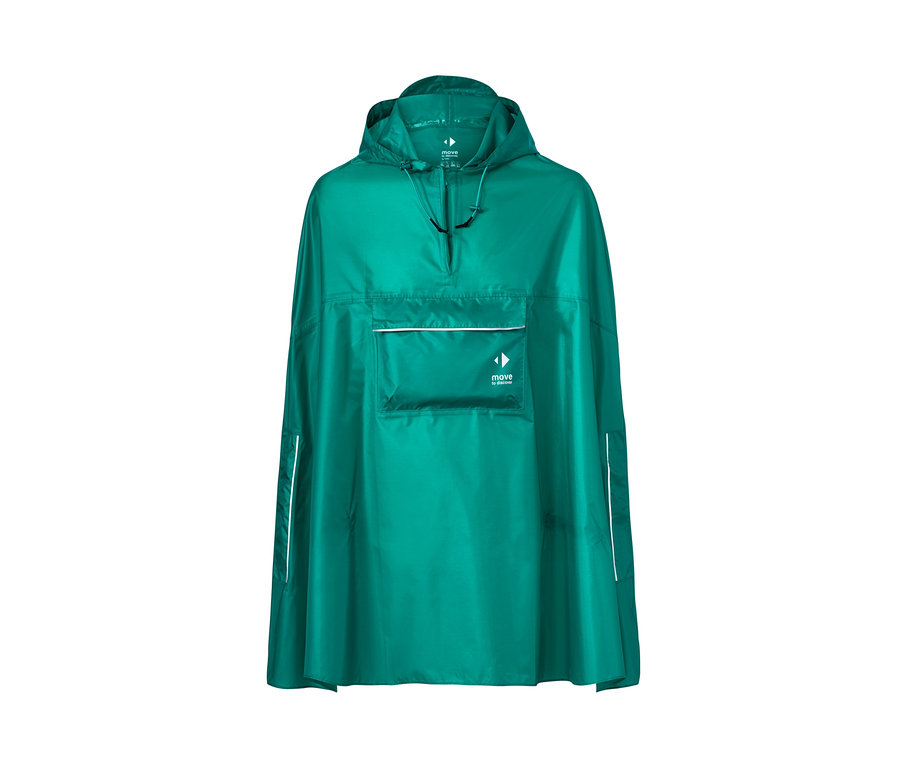 Zielone ponczo przeciwdeszczowe unisex z kapturem i kieszenią.