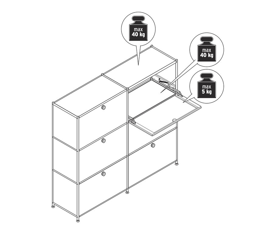 Szkic metalowej komody »CN3« z 6 komorami z klapami, duża, z których jedna jest otwarta. Maksymalne obciążenie górnej części wynosi 40 kg, a klap 5 kg.