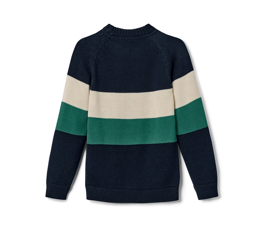 Sweter z dzianiny w granatowe, beżowe i zielone paski.