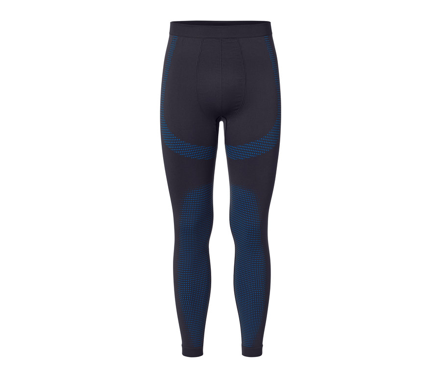 Czarna bezszwowa bielizna funkcyjna z niebieskimi detalami.