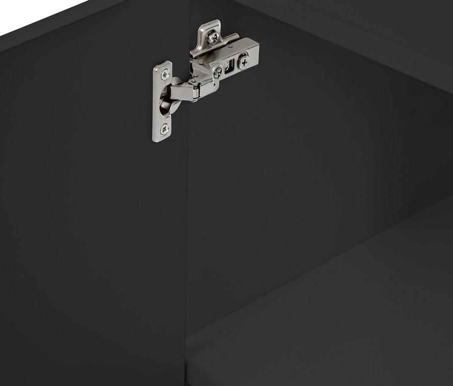 Detal antracytowej szafki pod umywalkę »Eklund« z otwartymi drzwiczkami.