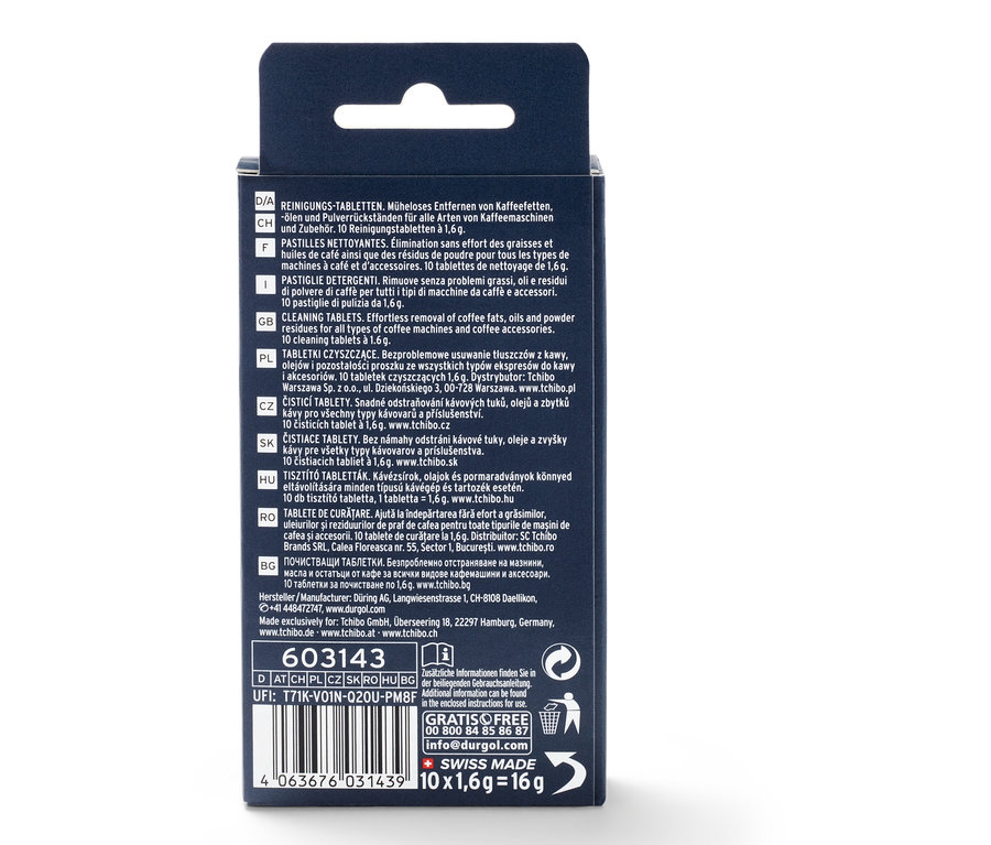 Opakowanie tabletek czyszczących durgol® do usuwania olejów kawowych.