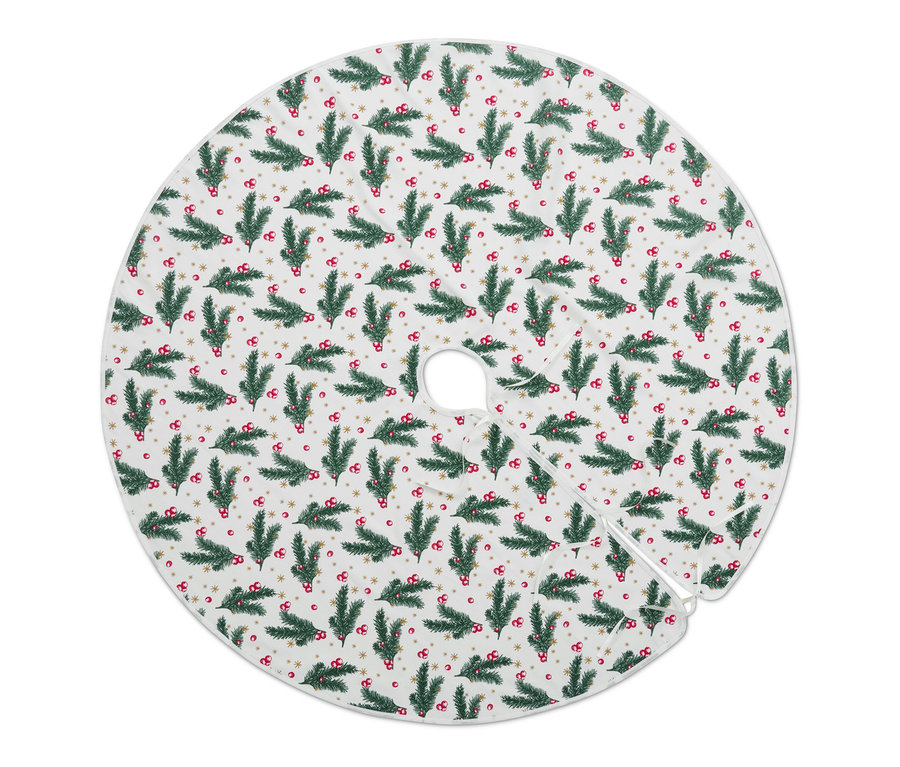Okrągła serweta pod choinkę z nadrukiem gałązek i jagód.