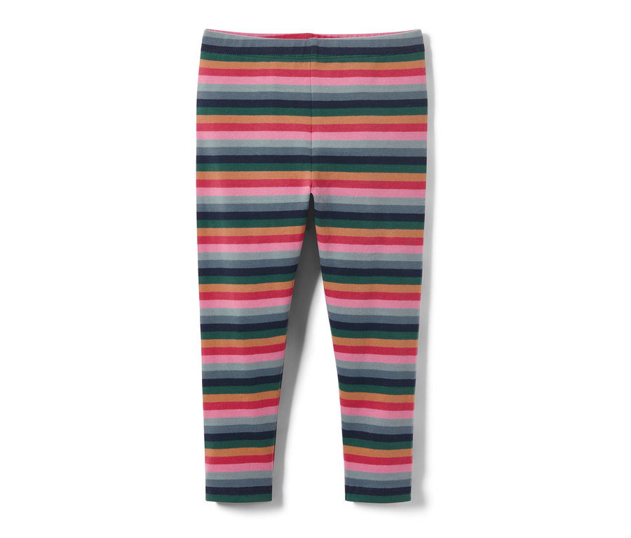 Drapane legginsy w poziome paski w różnych kolorach.
