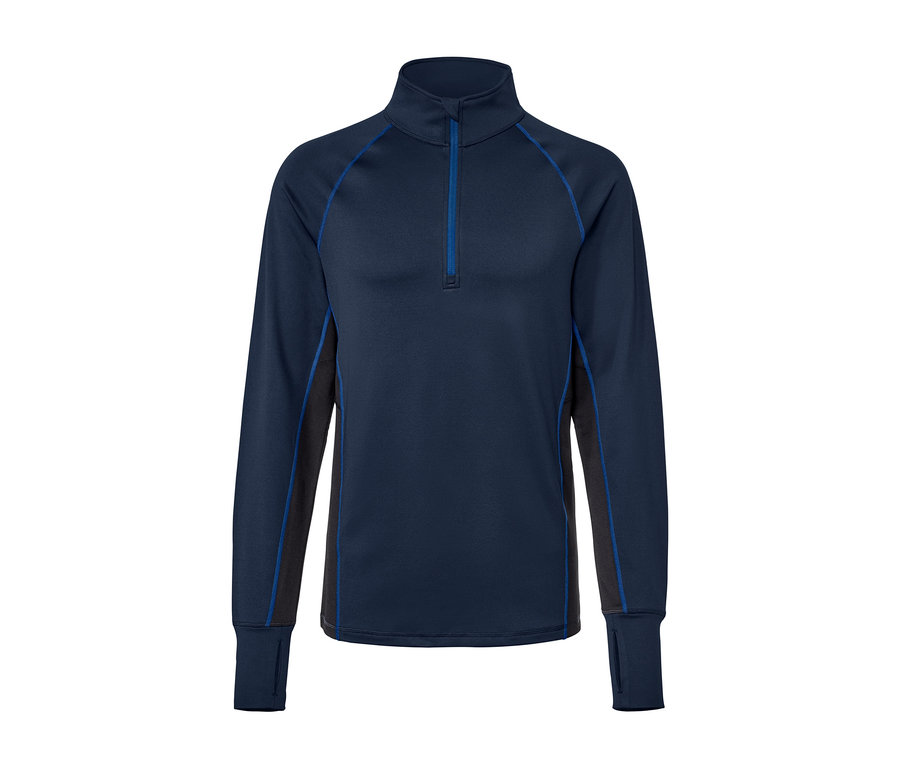 Granatowa termoaktywna bluza funkcyjna z długim rękawem i zamkiem błyskawicznym.