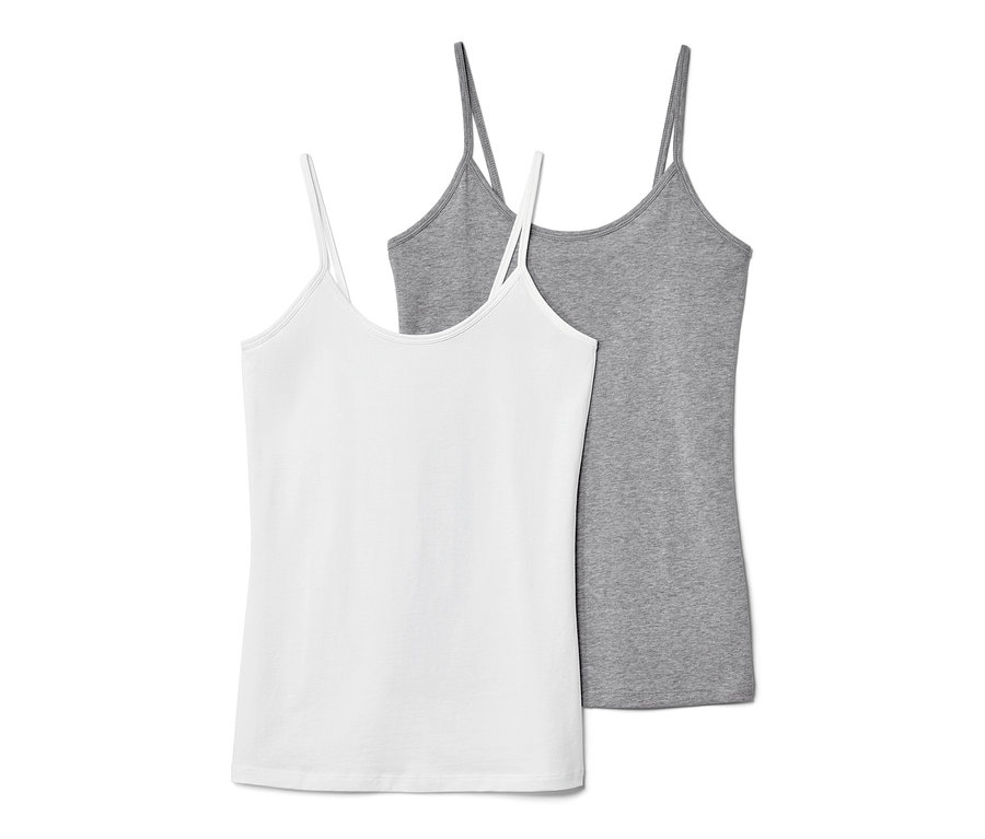 Dwa podkoszulki na ramiączkach: biały i szary. Podkoszulki, 2 sztuki.