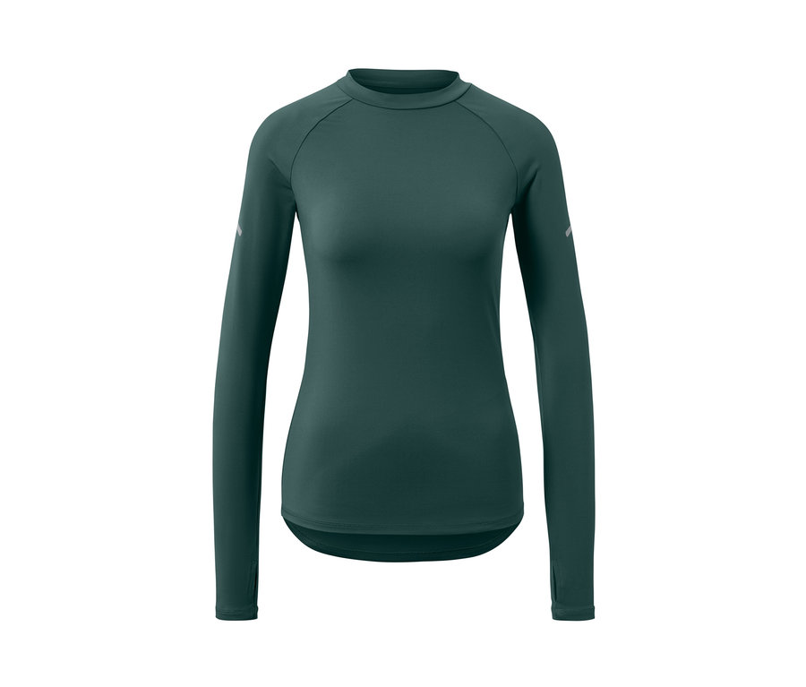 Ciemnozielona koszulka funkcyjna z długim rękawem.