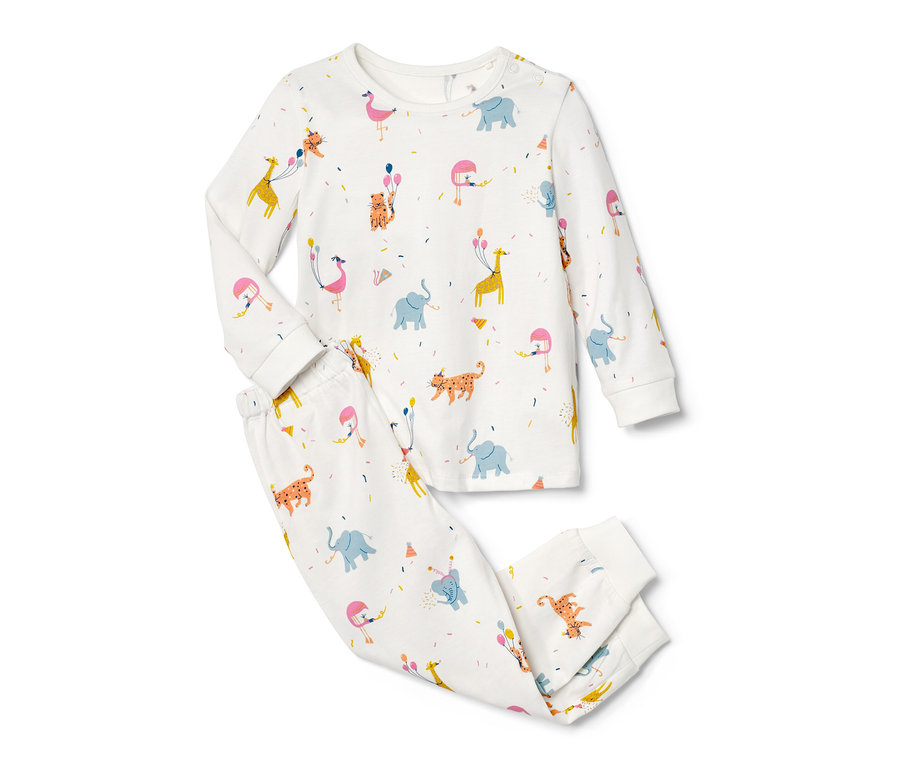 Biała piżama dziecięca we wzory ze zwierzętami i konfetti.