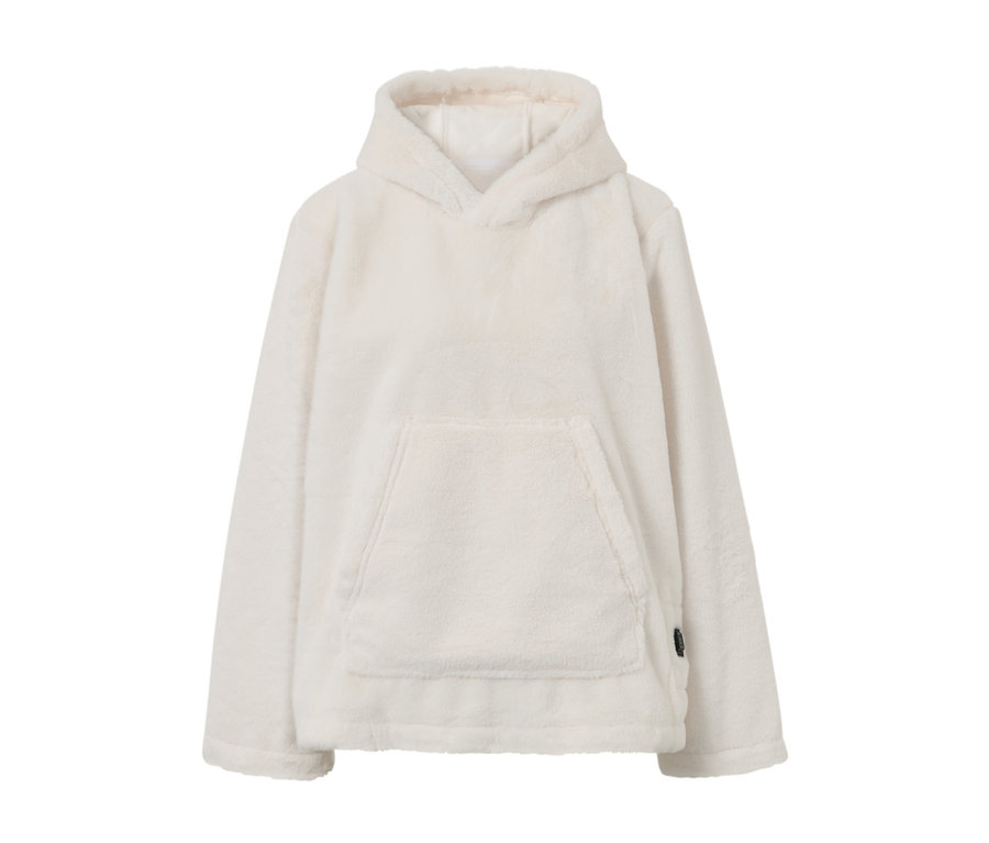 Biały ogrzewany sweter z akumulatorem z kapturem i kieszenią typu kangur.