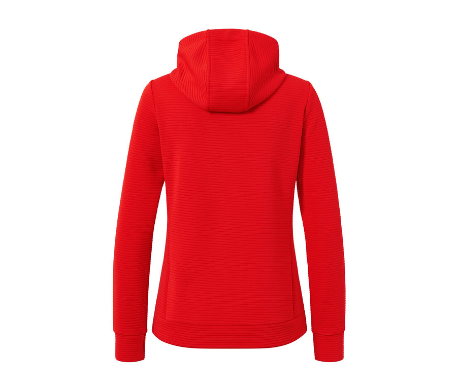 Widok z tyłu czerwono-pomarańczowej bluzy z kapturem.