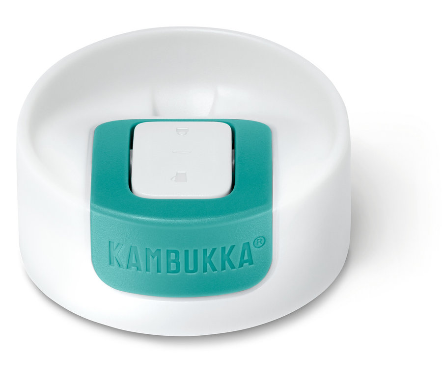 Szczegół białej pokrywki kubka termicznego Kambukka, Light Gold, z turkusowym przesuwanym otworem pośrodku.