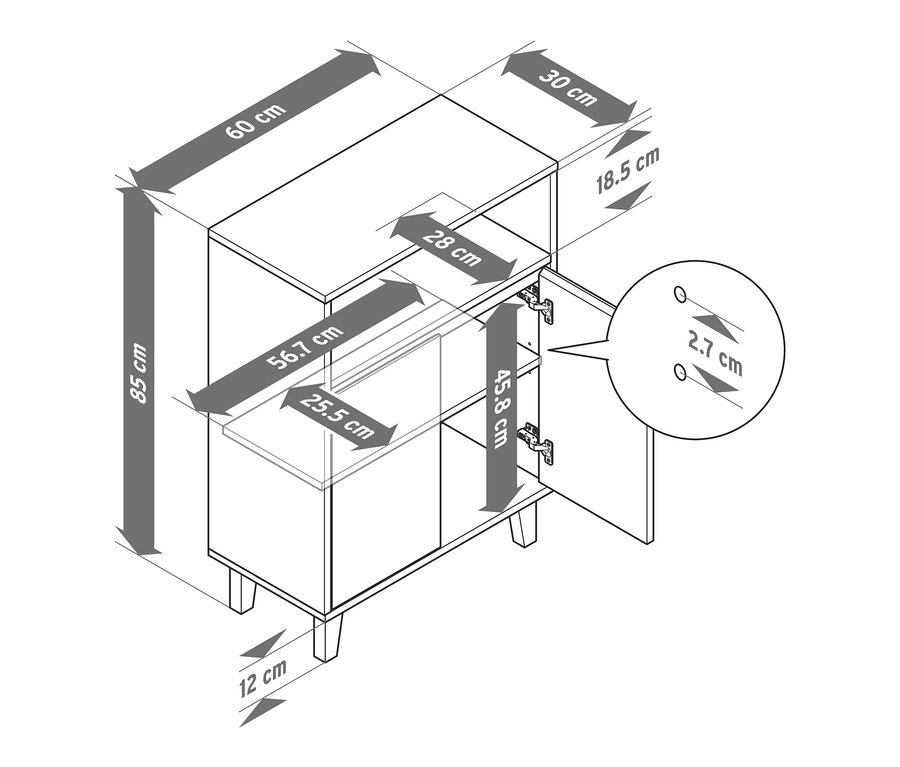 Schemat szafki łazienkowej z 2 drzwiami i otwartą przestrzenią z zaznaczonymi wymiarami.