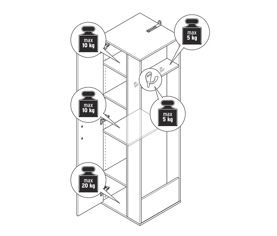 Ilustracja szafy uniwersalnej z boczną przestrzenią do przechowywania, wraz z przedstawieniem maksymalnego obciążenia półek.