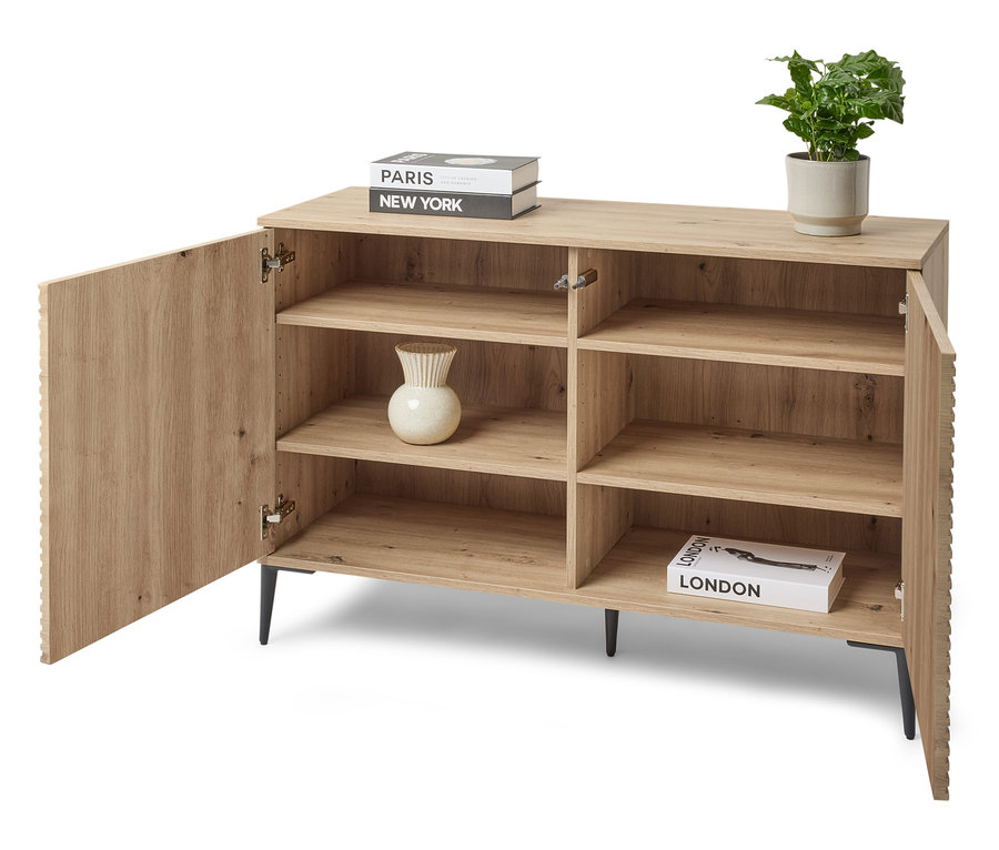 Komoda z sześcioma półkami i jednym otwartym skrzydłem.