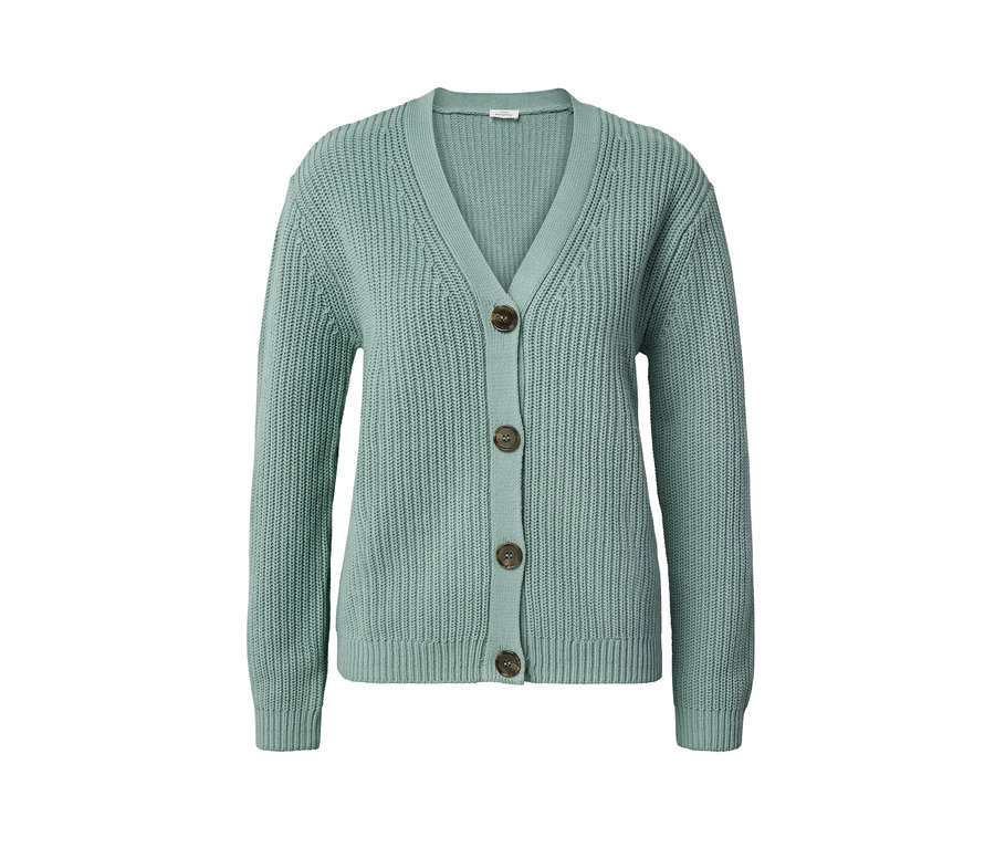 Szałwiowy kardigan o grubym splocie, zapinany na guziki.