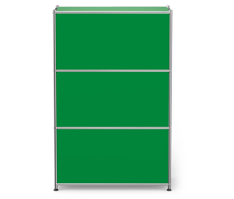 Trzypoziomowa zielona półka z metalową ramą.