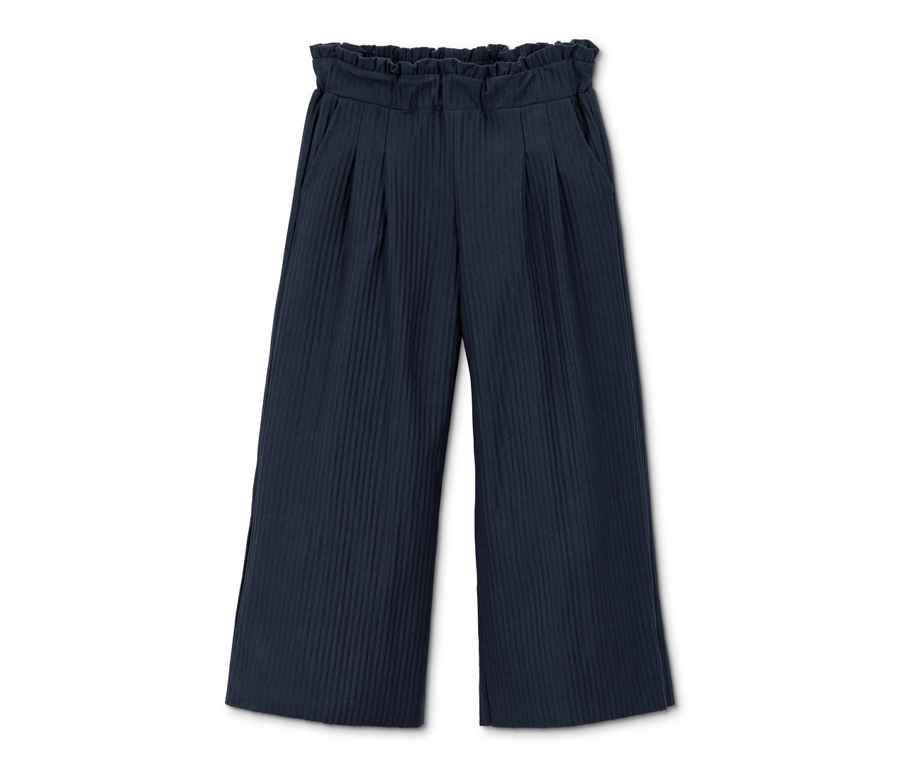 Granatowe plisowane kuloty z materiału z recyklingu.