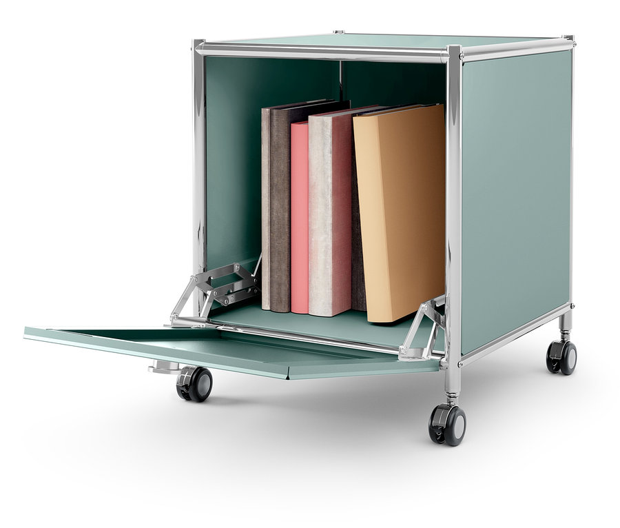 Niebiesko-zielony mobilny kontener z chromowaną ramą, otwartymi drzwiami i książkami w środku.