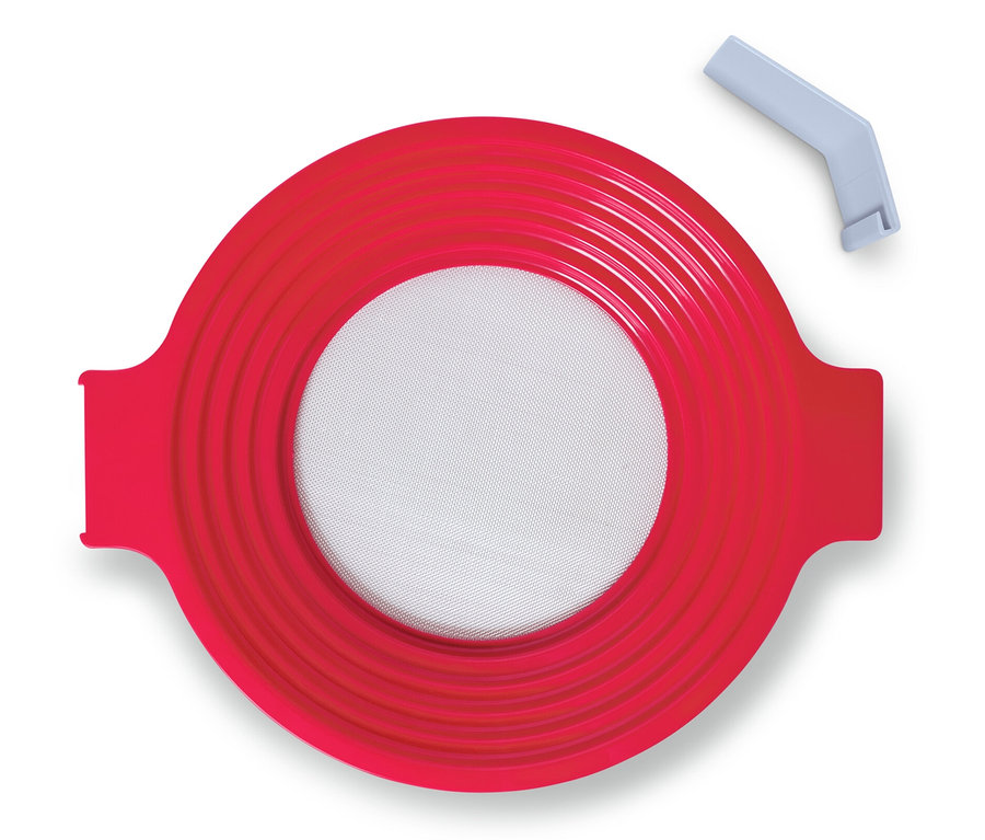 Czerwone 2 w 1: sitko do przesiewania i przecierania z odłączaną szarą rączką.