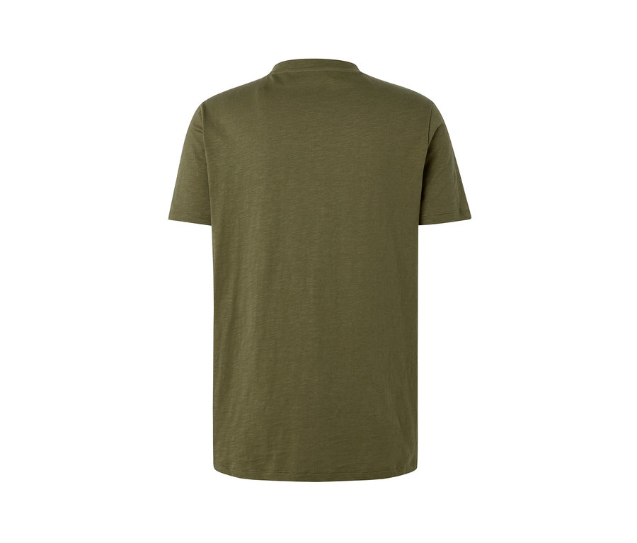 Khaki koszulka henley z krótkim rękawem, widok z tyłu.