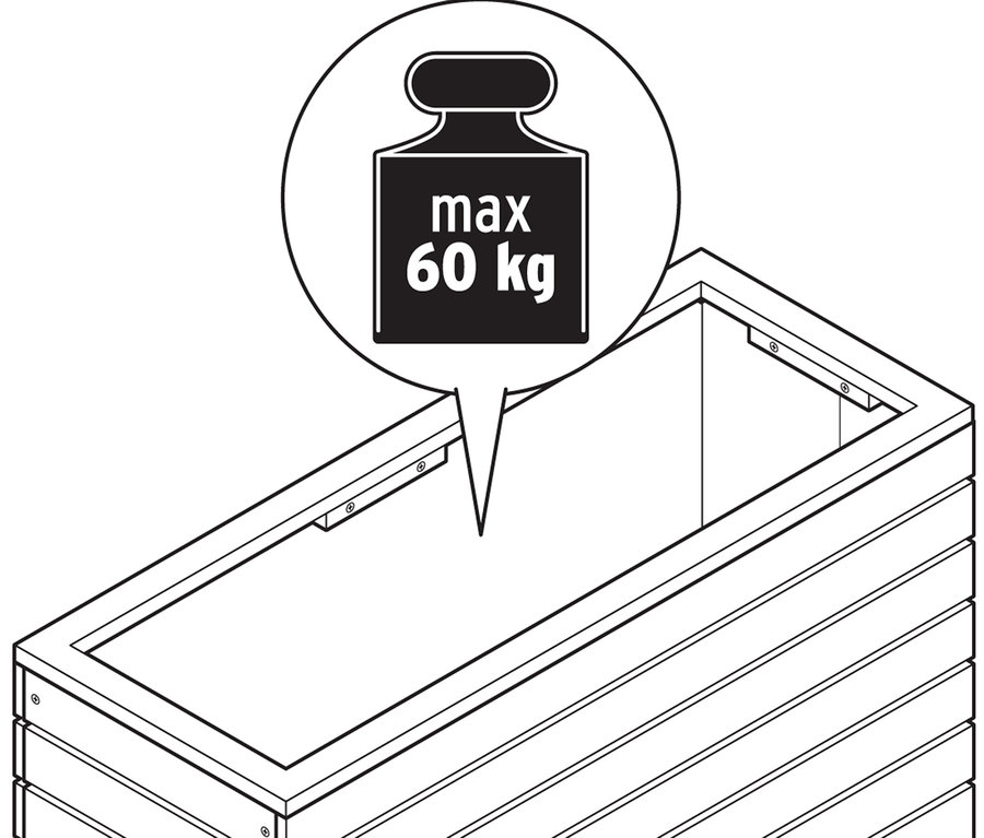 Rysunek prostokątnej podwyższonej grządki o maksymalnym obciążeniu 60 kg.