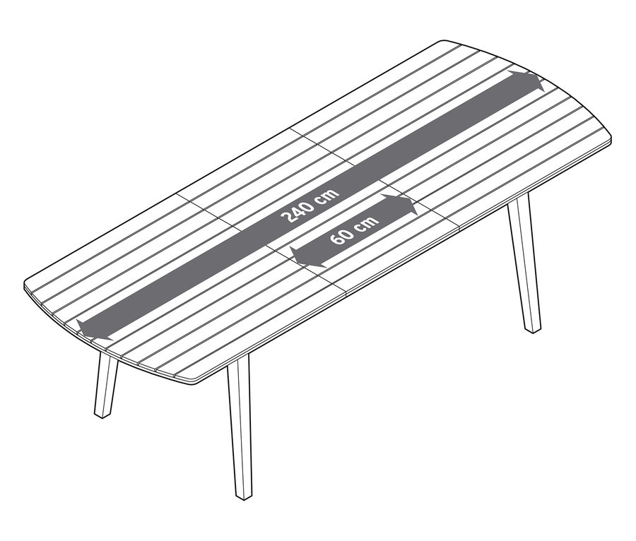 Widok z góry na rozkładany stół ogrodowy z zaokrąglonymi frontami, ok. 180-240 cm.