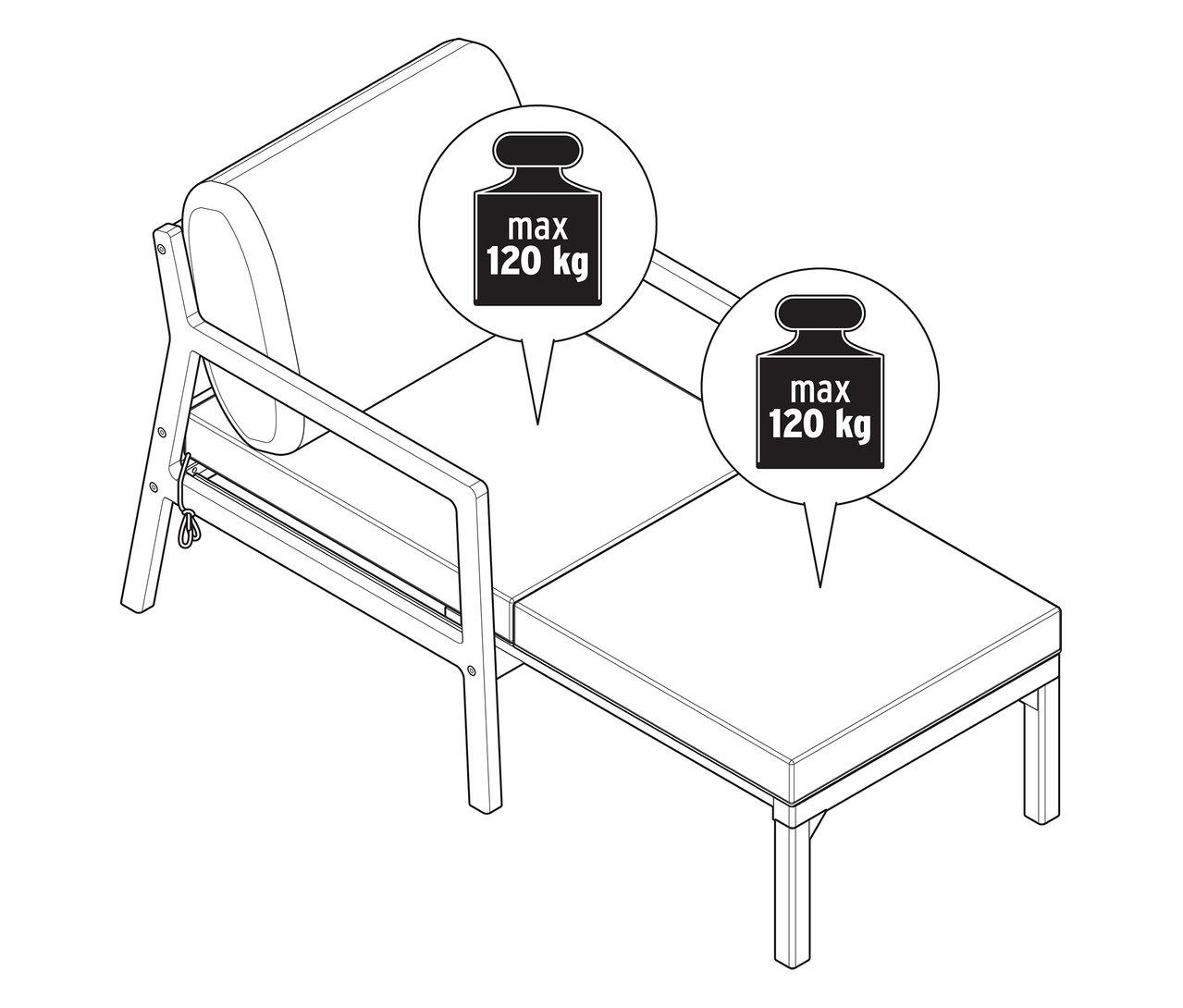 Ilustracja rozkładanego krzesła ogrodowego z ograniczeniem wagi.