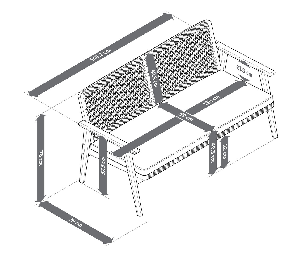 Rzut z góry na rysunek sofy ogrodowej z wymiarami szerokości i wysokości.