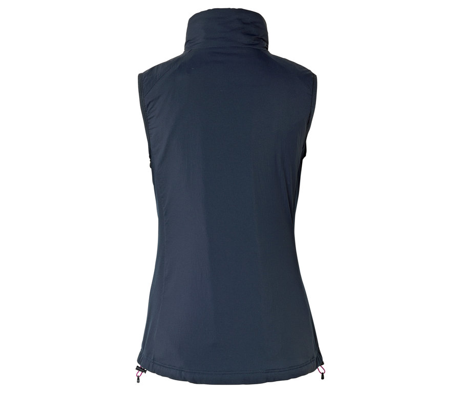 Widok z tyłu granatowej kamizelki ze stójką.