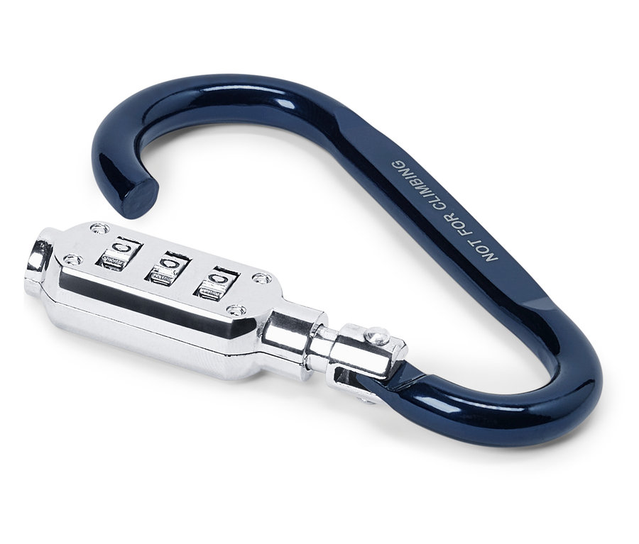 Niebieski karabinek z zamkiem szyfrowym z napisem "NIE DO WSPINACZKI" leży na białym tle.